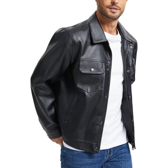 Men Black Faux Leather Biker Jacket Lightweight Vintage Bomber Zip Up Coat - Picture 8 of 8